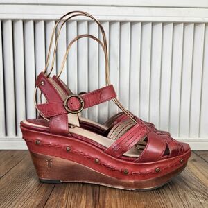 Frye Carlie Huarache Womens Sz 8 M Red Leather Boho Platform Wedge Sandals Shoes